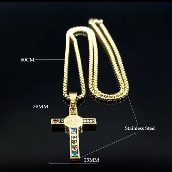 Stainless Cross Necklace Catholic Christian Multicolor Rhinestones Gold Gift NEW